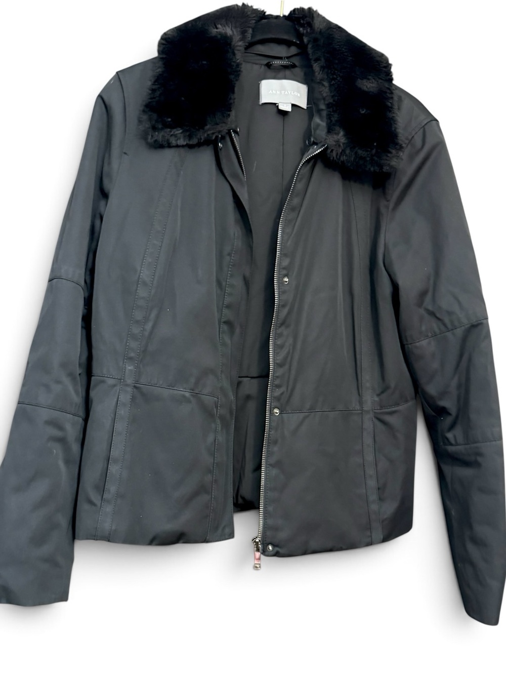 Ann Taylor Black Nylon Insulated Zip Front Jacket W/ Faux Fur Collar Size M